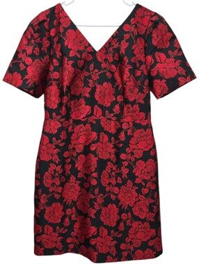 Talbots Back Bow Floral Jacquard A-Line Dress Sz 10 Red Black NWT Holiday Dress